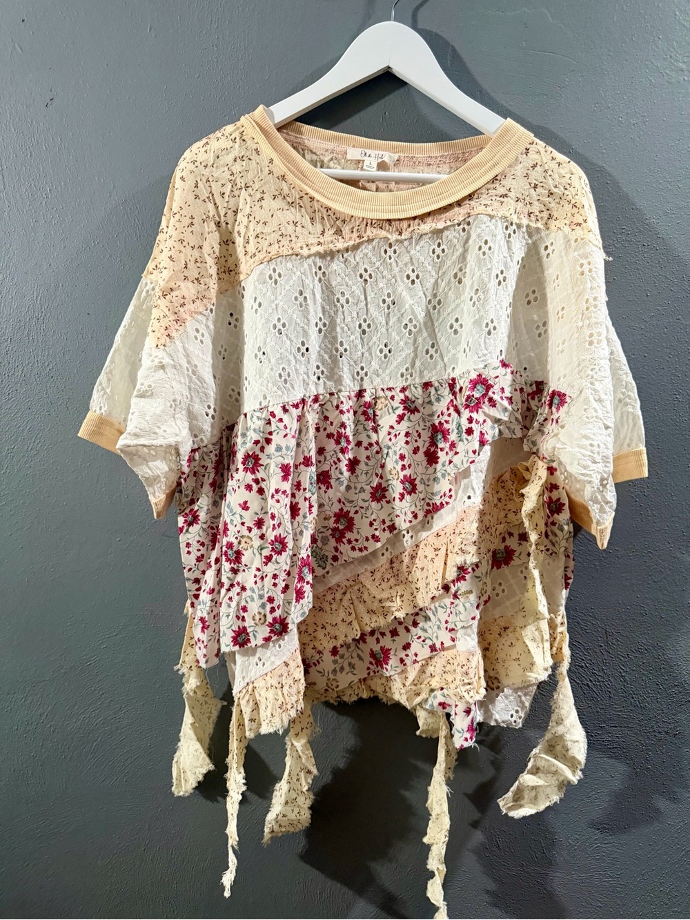 Oli & Hali Cream and Pink Patchwork Eyelet Lace Tope